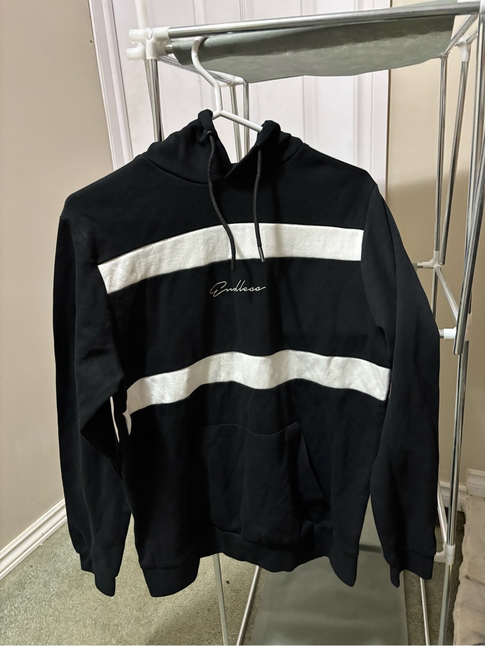 Black Hoodie with White Stripes - Casual Pullover